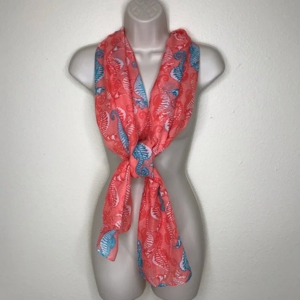 Seahorse Graphic Coral Aqua Teal Long Rectangle Scarf 22 X 71 Lightweight
